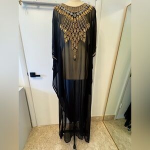 Black Sheer Embellished Caftan Maxi Dress – Gold Beaded Statement Kaftan